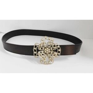 Valentino Gold Jeweled Pearl Large Rosette Buckle Brown Leather Belt 95 38‎